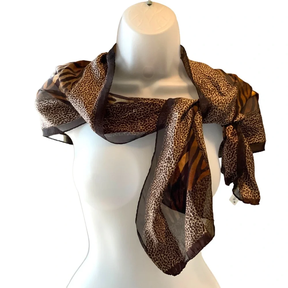 Anne Klein Silk Scarf Brown Animal Print 26 inches by 11 inches